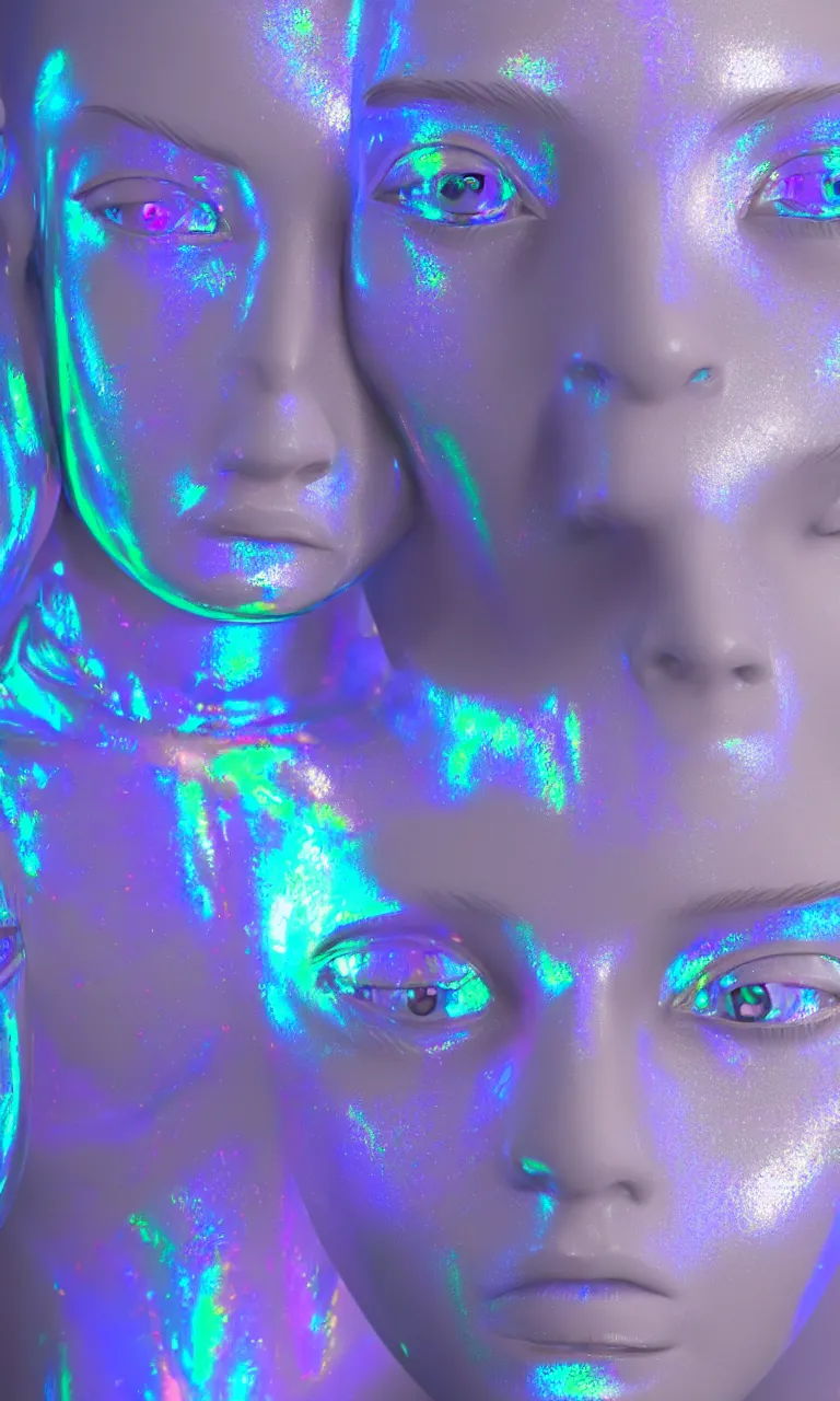 Image similar to 3d render of holographic human robotic made of glossy iridescent, surrealistic 3d illustration of a human face non-binary, non binary model, 3d model human, cryengine, made of holographic texture, holographic material, holographic rainbow, concept of cyborg and artificial intelligence