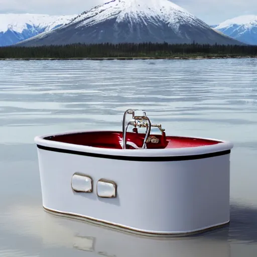 Image similar to a miniature tiny alaskan cruise ship, floating in a white old - fashioned bathtub,