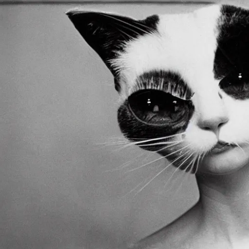 Image similar to First human cat hybrid, circa 1978, photography