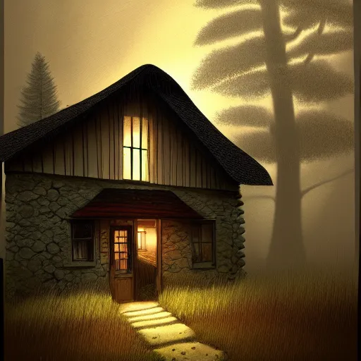 Prompt: a cottage in the woods with a notepad for front door, trending on artstation, detailed digital art, eerie thriller aesthetic!!!!,