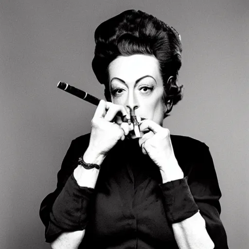 Image similar to joan crawford smoking a joint or cigarette, photo journalism, portrait, in the style of anna leibovitz