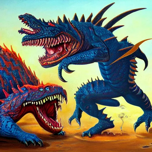 Image similar to tarrasque fighting a dracolich, oil painting