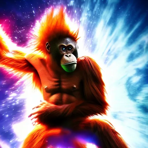 Prompt: an orangutan in dragon ball z going ultra instinct, 4 k, hyper realistic, dslr, high resolution, landscape, beautiful, anime, super saiyan, ultra instinct