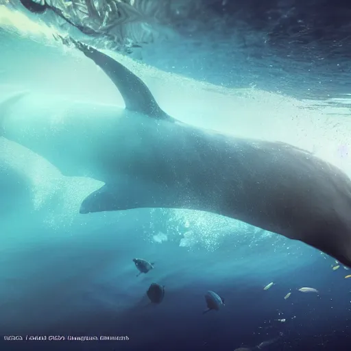 Image similar to Whale and fish underwater ,cinematic shot, epic, volumetric lighting, made by Stanley Artgerm Lau, WLOP, Rossdraws, ArtStation, CGSociety, concept art, cgsociety, octane render, trending on artstation, artstationHD, artstationHQ, unreal engine, 4k, 8k,