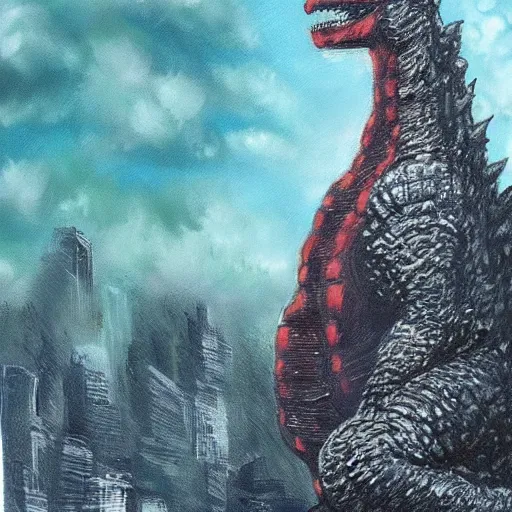 Image similar to godzilla by bob ross