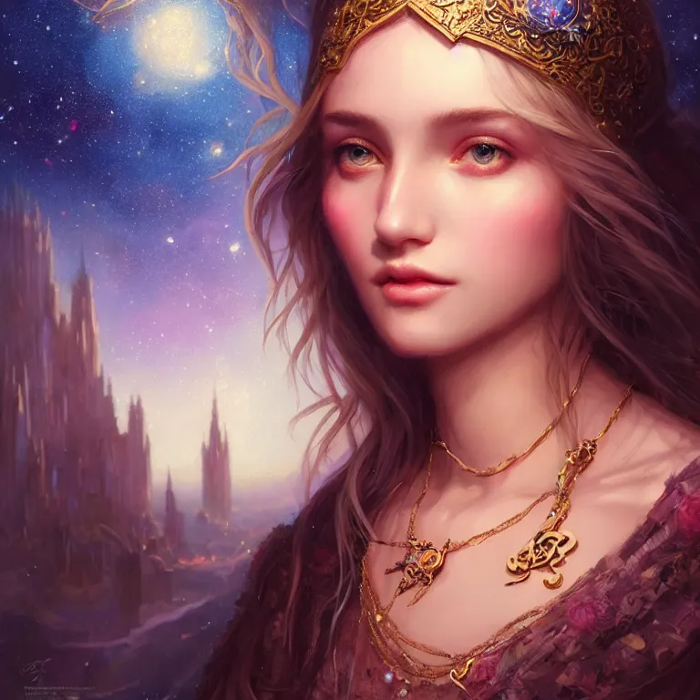 Prompt: masterpiece portrait charming and miracle female luxury astromancer boho accessories in dreamlike movie, high detailed face, art by artgerm, greg rutkowski, sasoura, satchely, big major starry sky and city in background, uhd, medium long shot, fantasy, twlight, no distorsion, sharp focus,