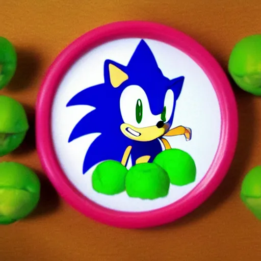 Prompt: sonic the hedgehog in an alien world made of peas