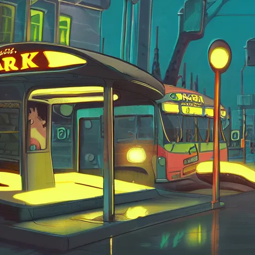 Image similar to dark city bus stop, spongebob background art, very detailed,ArtStation