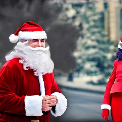 Prompt: hyperrealistic macron with a cap, dressed up like santa