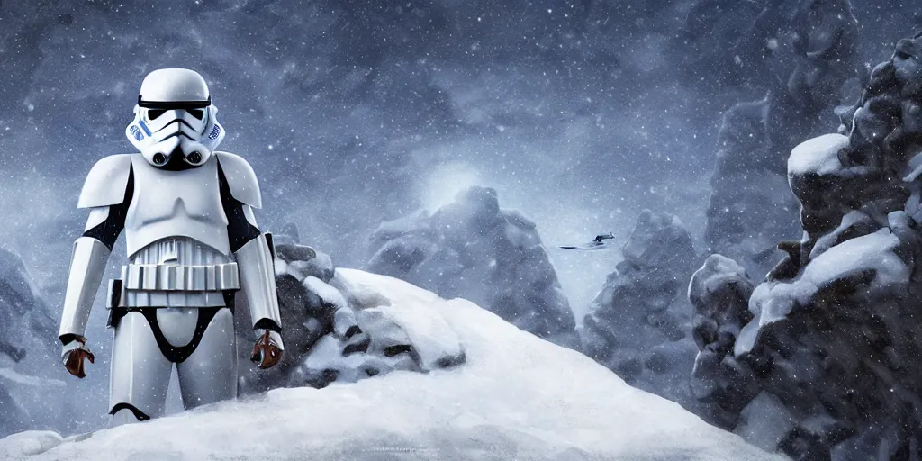 Prompt: star wars snow trooper on a snowy mountain top, greg rutkowski, 8 k, shallow depth of field, intricate detail, concept art,