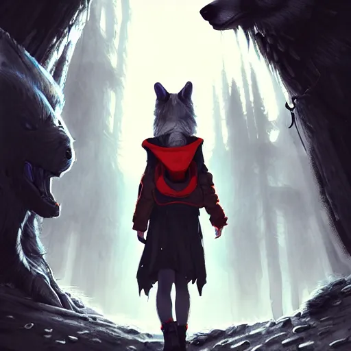 Prompt: brave young girl, wearing an oversized hoodie, backpack, standing near a tall wolf beast, fantasy, apocalyptic setting, sharp focus, character art, illustration, digital art painting, highly detailed, trending on artstation, by masamune shirow, by greg rutkowski, by magali villenueve.