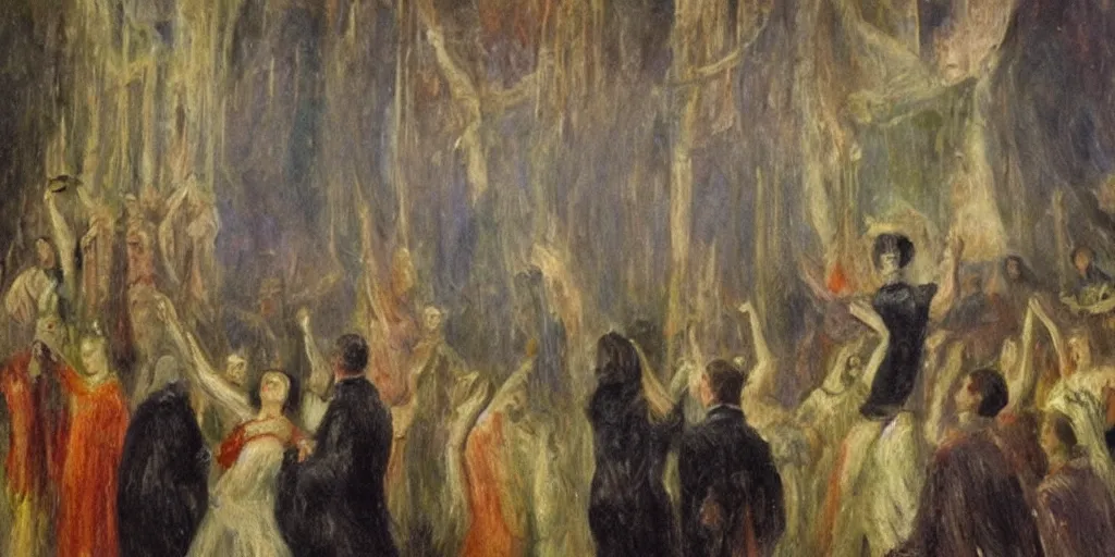 Image similar to an audience full of tall terrifying aliens in robes. They are watching a human ballet. in the victorian era. in the style of an impressionist painting.