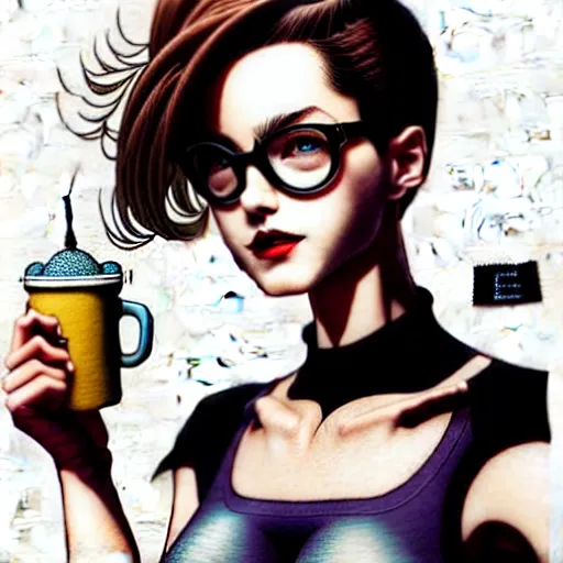 Prompt: modish hipster Selina Kyle in a café posing for the camera. insanely and epically detailed supreme-quality color pencil artwork, amazingly composed image, epic pencil illustration by Artgerm and Akira Toriyama.