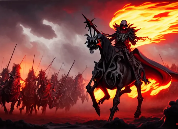 Prompt: ainz ooal gown leading his undead army to battle riding a flaming skeleton horse, skeleton soldiers in background, highly detailed, deep focus, elegant, artstation, digital painting, smooth, sharp focus, illustration, ultra realistic, 8 k, art by artgerm and greg rutkowski and alphonse mucha