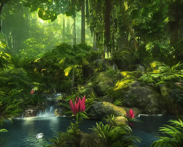 Image similar to beautiful jungle environment, waterfall, high trees, flowers, sunset, mystic, unreal engine 5, global illumination, raytracing, 8 k, hyper realistic, trending on artstation