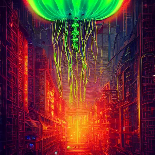 Prompt: a dark post psychedelic poster of Cosmic jellyfish in a cyberpunk city, neon eyeballs, highly detailed illustrated poster, by Daniel Merriam and Peter Mohrbacher, HD, octane render, 8K