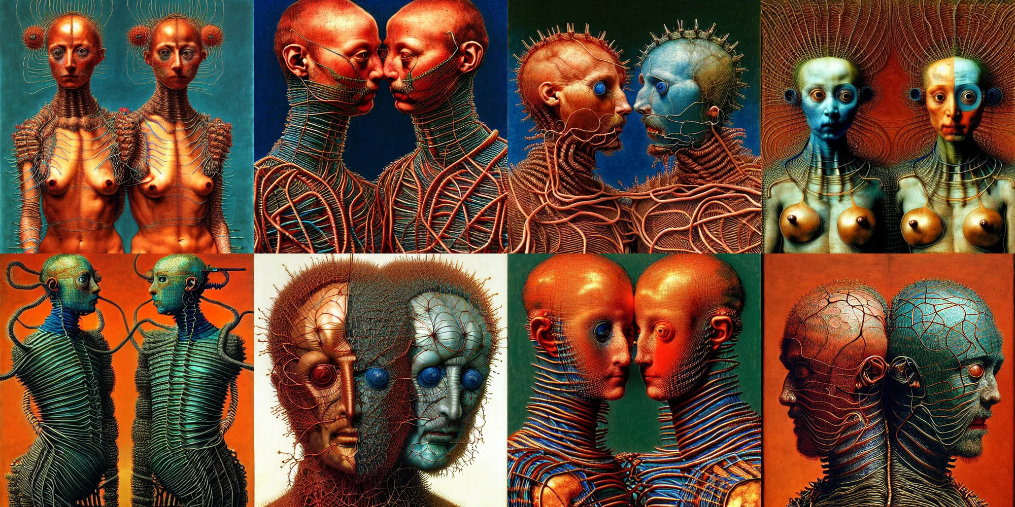 Prompt: fully featured siamese twins made of red green blue electrical wires, intricate armor made of fractals of copper wire, highly detailed, by giuseppe arcimboldo and ambrosius benson, ( renaissance ), ( ( beksinski ) ), realistic, high definition