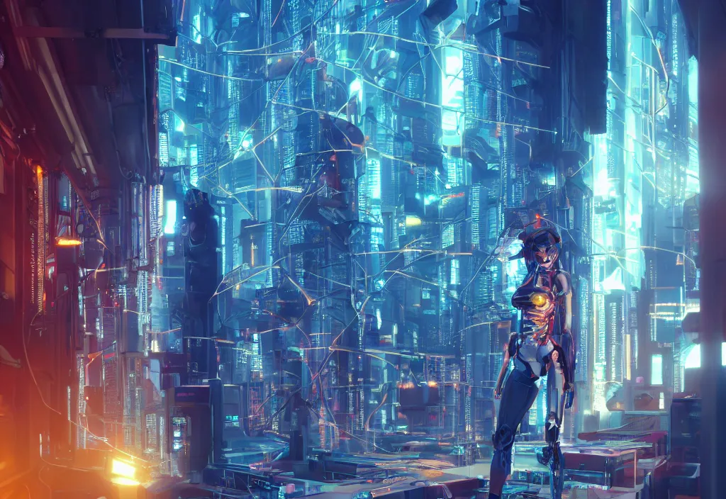 Prompt: shot of film by cyberpunk syle, human like a cyborg full body in detailed data center, character design, symmetrical, vivid color, complementary color, golden ratio, detailed, sharp lines, trending on artstation, volumetric lighting, by yoichi hatakenaka, by masamune shirow, by josan gonzales, octane render