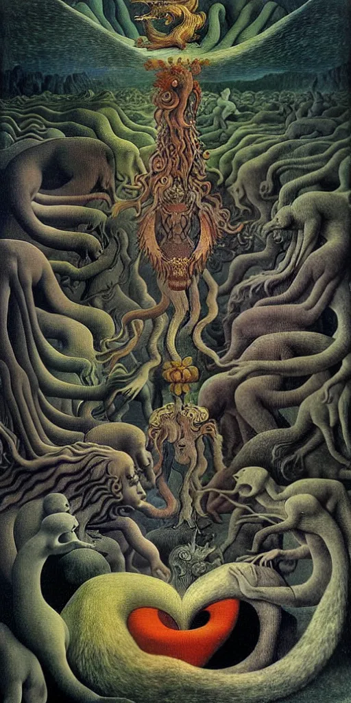 Image similar to mythical creatures and monsters in the visceral heart imaginal realm of the collective unconscious, in a dark surreal painting by johfra, mc escher and ronny khalil