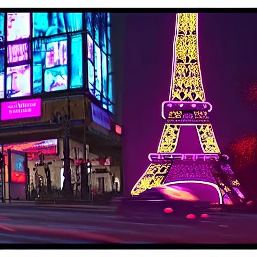 Image similar to A beautiful intricate 8K award-winning ground-level cinematic movie photograph of the future destroyed and decaying Eiffel Tower made of neon, surrounded by broken corporate video billboard displays. in the year 2050, by Bruno Delbonnel and greg rutkowski. Arri Alexa 65, IMAX 70mm footage. Dirty billboards. Cinematic lighting