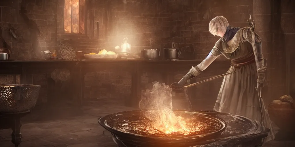 Prompt: The Firekeeper of Dark Souls 3 washing dishes in a traditional kitchen setting, digital art, 4K, ultra-realistic