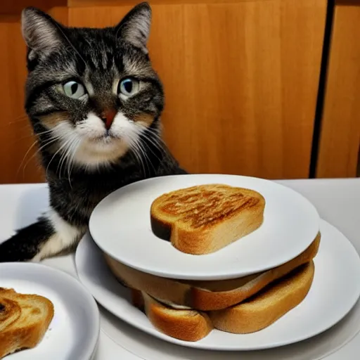 Prompt: noodles on toast cat watching over the food