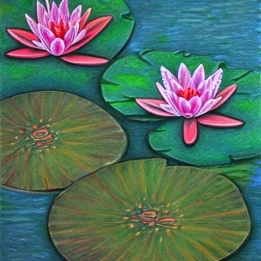 Image similar to a color pencil painting of a waterlily, floral painting, textile