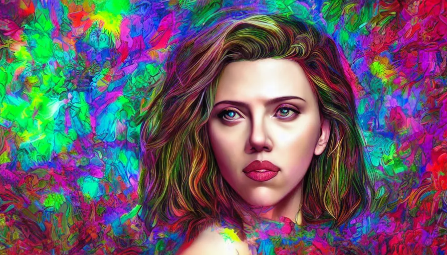 Image similar to landscape scarlett johansson in psychodelic dmt lsd forest, photorealistic, artgerm, artwork by Arian, Mark