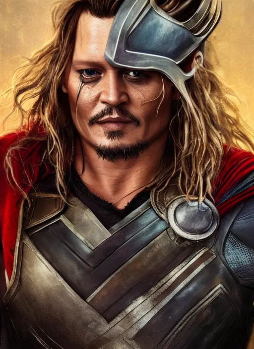 Image similar to johnny depp as thor, naturel, hyper detailed, digital art, trending in artstation, cinematic lighting, studio quality, smooth render, unreal engine 5 rendered, octane rendered, art style by klimt and nixeu and ian sprigger and wlop and krenz cushart