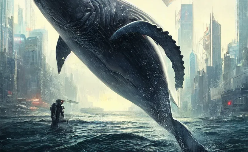 Image similar to cyberpunk whale attacking Newyork city ,digital art,ultra realistic,ultra detailed, ultra wide Lens, art by greg rutkowski