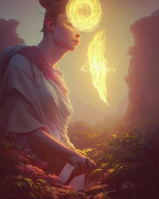 Image similar to highly detailed vfx portrait of a mage casting an earth spell, unreal engine, greg rutkowski, loish, rhads, beeple, makoto shinkai and lois van baarle, ilya kuvshinov, rossdraws, tom bagshaw, alphonse mucha, global illumination, detailed and intricate environment