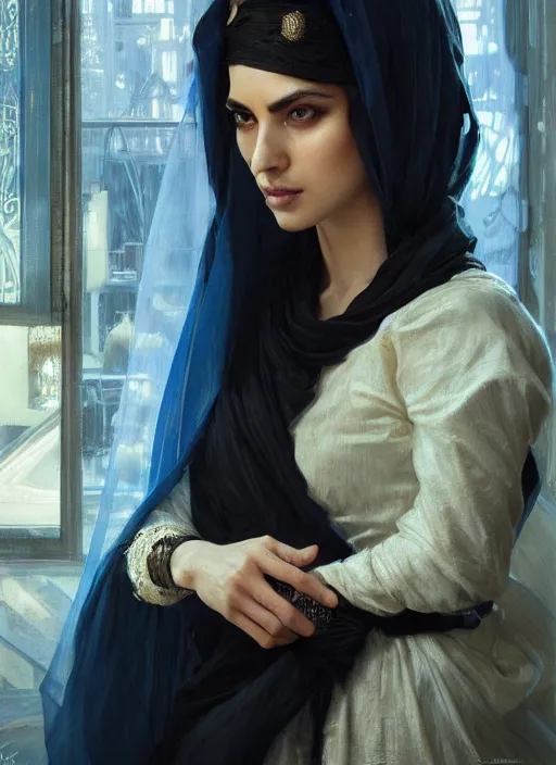 Image similar to a Photorealistic dramatic hyperrealistic render of an arab ameera al taweel, blue eyes, black hair, white veil,by WLOP,Artgerm,Greg Rutkowski,Alphonse Mucha, Beautiful dynamic dramatic dark moody lighting,shadows,cinematic atmosphere,Artstation,concept design art,Octane render,8K