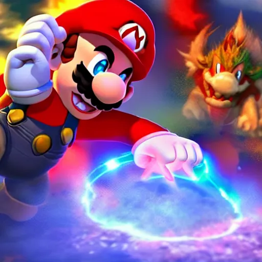 Prompt: mario battling bowser in the style of elden ring extremely detailed awe stunning beautiful volumetric light hyper real, 8k, colorful, 3D cinematic