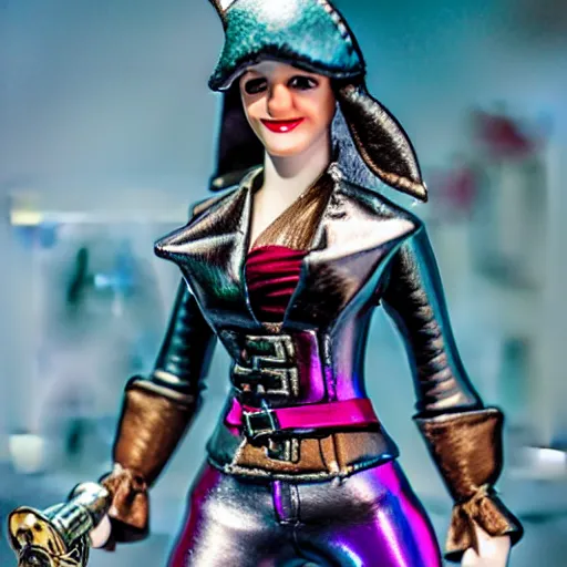 Prompt: Swashbuckling female pirate with iridescent shark skin