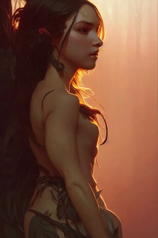 Prompt: a very beautiful savage girl, forest, fantasy, portrait, sharp focus, intricate, elegant, digital painting, artstation, matte, highly detailed, concept art, illustration, ambient lighting, art by ilya kuvshinov, artgerm, alphonse mucha, and greg rutkowski