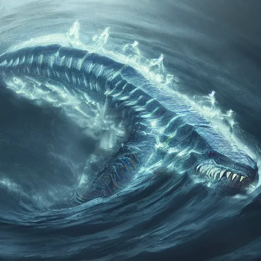 Prompt: top down view of a leviathan emerging from a deep ocean during a storm, cinematic lighting, dramatic, masterpiece, trending on artstation