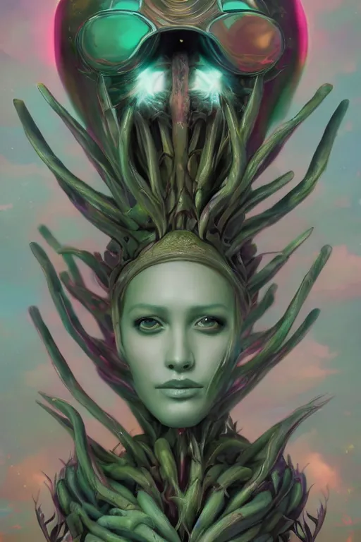 Image similar to digital portrait of an eloquent alien plant queen, straight on, full body character concept art, concept art, by artgerm, tom bagshaw, gerald brom, vaporwave colors, lo fi colors, vaporwave, lo fi, 4 k, hd, rendered with substance designer, small details,