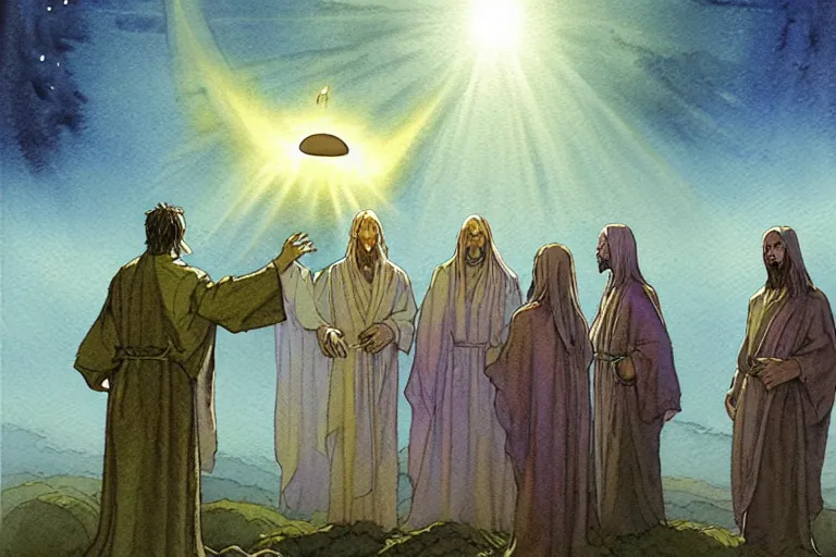 Image similar to a realistic and atmospheric watercolour fantasy character concept art portrait of a group of christians wearing robes greeting an alien that is standing below a ufo. they are emerging from the mist on the moors of ireland at night. a ufo is in the background. by rebecca guay, michael kaluta, charles vess and jean moebius giraud