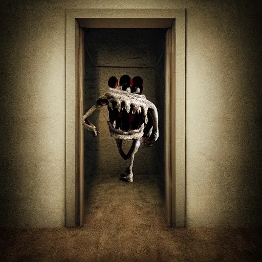 Image similar to a monster chasing you in the backrooms, horror, creepy, motion blur