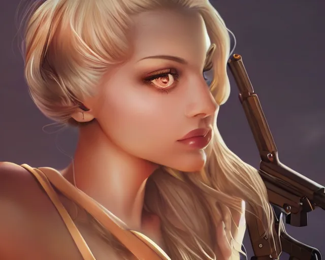 Prompt: closeup of beautiful blonde female sniper aiming at target, award winning sniper photography, extremely detailed, artstation, 8 k, sensual lighting, incredible art, wlop, artgerm, backlit, rim lighting, hi - fructose, cellshading, intricate lineart