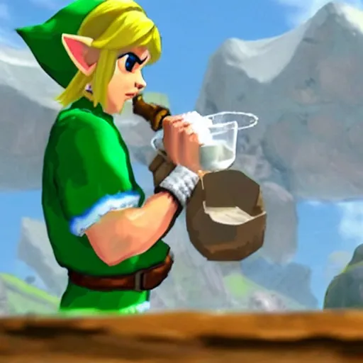 Image similar to link aggressively drinks milk from a bottle, legend of zelda