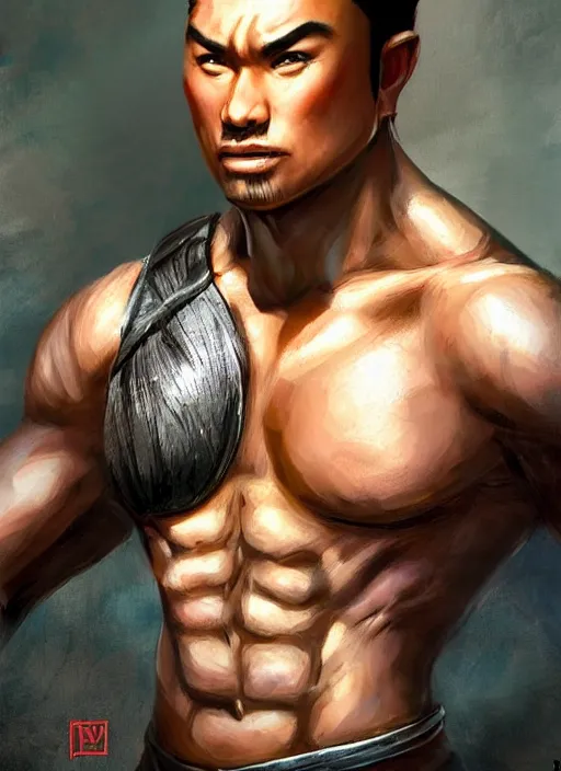 Image similar to muscly asian man with medium black parted hair, dndbeyond, bright, colourful, realistic, dnd character portrait, full body, pathfinder, pinterest, art by ralph horsley, dnd, rpg, lotr game design fanart by concept art, behance hd, artstation, deviantart, hdr render in unreal engine 5