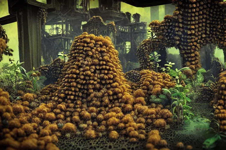 Image similar to elegance, favela garden honeybee hive, slime mold forest environment, industrial factory, spooky, award winning art, epic dreamlike fantasy landscape, ultra realistic,