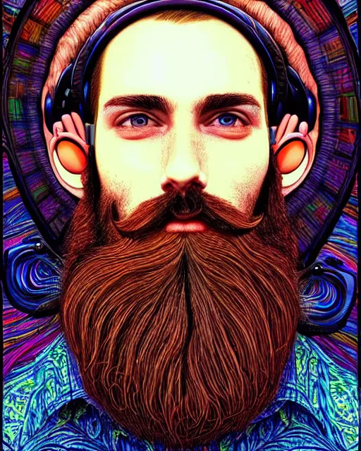 Prompt: detailed hipster skinny man wearing big vr head set, long vibrant beard, dmt, by james gurney + intricate and vibrant work + portrait + trending on artstation + incredible gothic illustration + exquisite detail