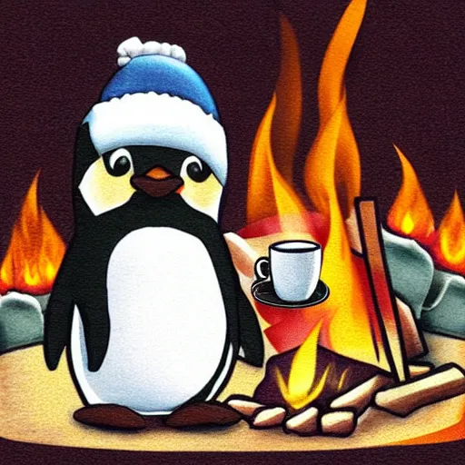 Prompt: A penguin wearing a beanie sitting next to a campfire with a cup of coffee by Sanrio