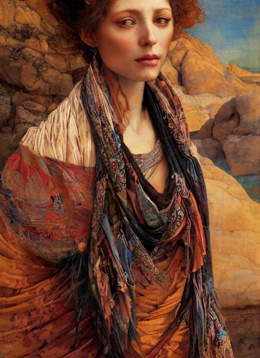 Prompt: portrait of a beautiful woman in the desert wearing a scarf with colourful intricate psychodelic patterns, by edgar maxence and caravaggio and michael whelan and delacroix style, artistic, intricate drawing, light brazen, realistic fantasy, extremely detailed and beautiful aesthetic face, establishing shot, 8 k resolution, dramatic lighting