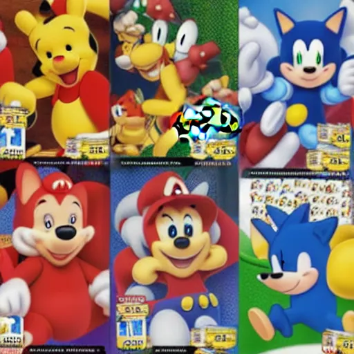 Image similar to photograph of winnie the pooh and super mario and sonic the hedgehog anime style, on pokemon card packs at target