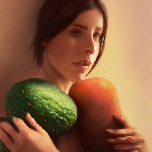 Prompt: lauren walsh lovingly cradling an avacado, fullbody, ultra high detailed, oil painting, greg rutkowski, charlie bowater, yuumei, yanjun cheng, lauren walsh, unreal 5, daz, hyperrealistic, octane render, rpg portrait, dynamic lighting, fantasy art, beautiful face