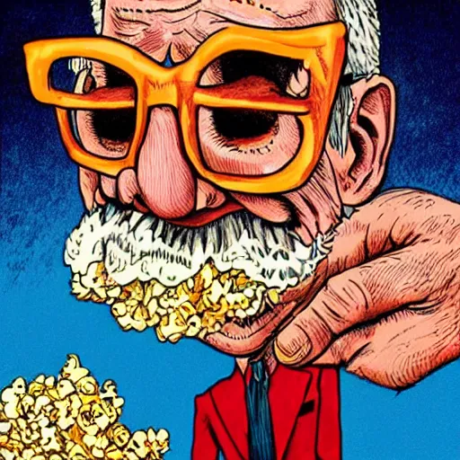 Image similar to The Artwork of R. Crumb and his Cheap Suit Orville Redenbacher tells you to eat his popcorn, pencil and colored marker artwork, trailer-trash lifestyle