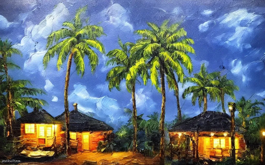 Image similar to a very very small island! with a paved patio!!, cute cozy large cottage!! and string lights!!!, palm trees, dark very late evening cloudy, dramatic and dynamic lighting, thick brush strokes oil impasto painting